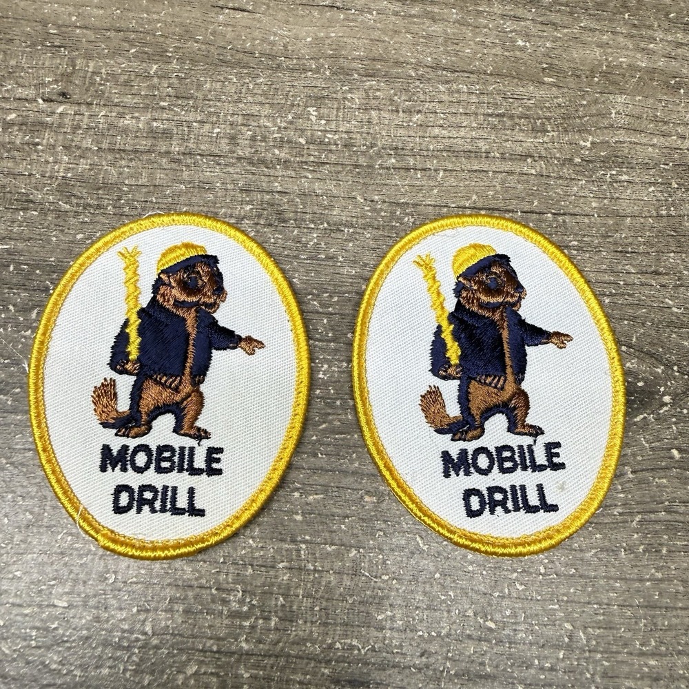 Vintage Mobile Drill International 2 Patches Woodchuck Mascot White Yellow